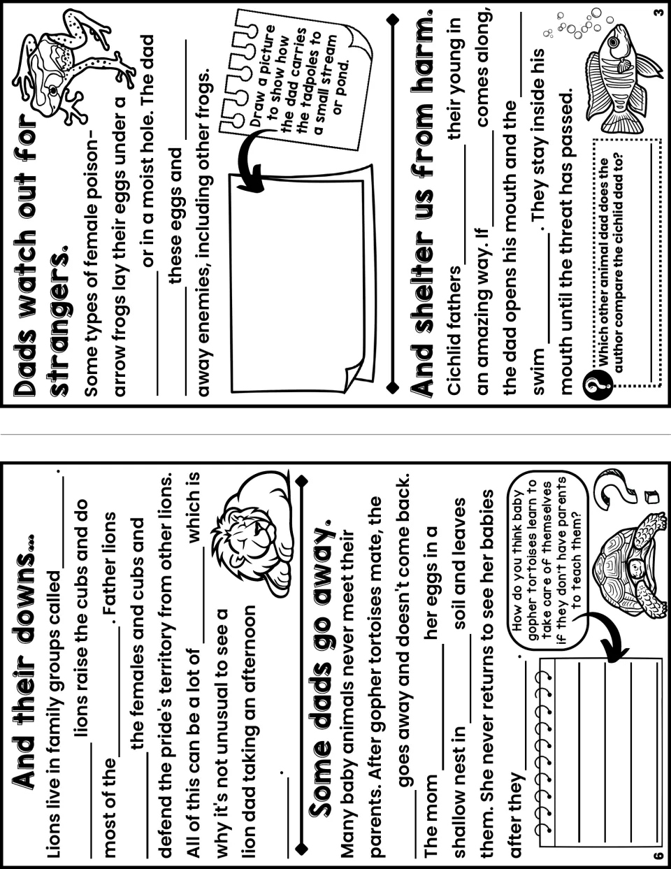 Notes booklet pages 6 and 3 cover lion families, absent tortoise parents, frog protection, and cichlid care.