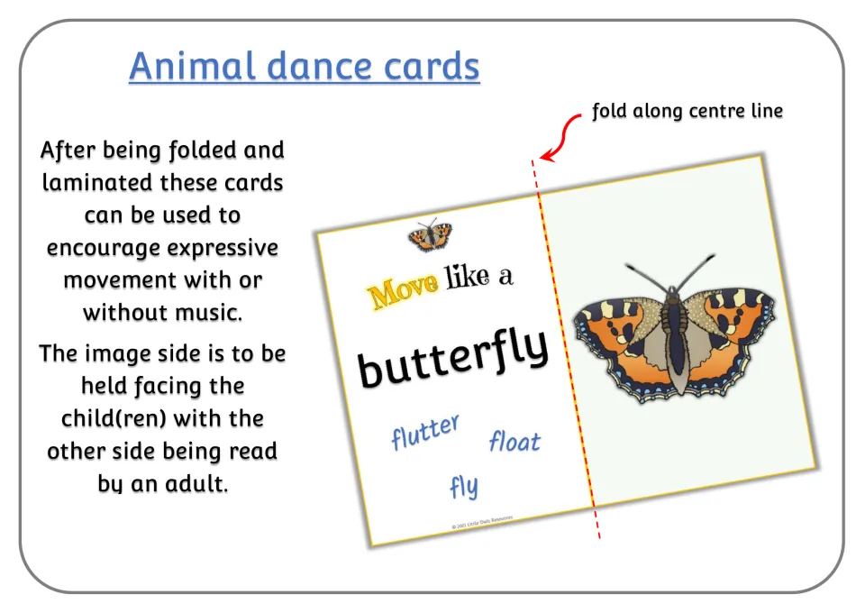 Animal movement card instructions: fold, laminate, and show children the picture while an adult reads.
