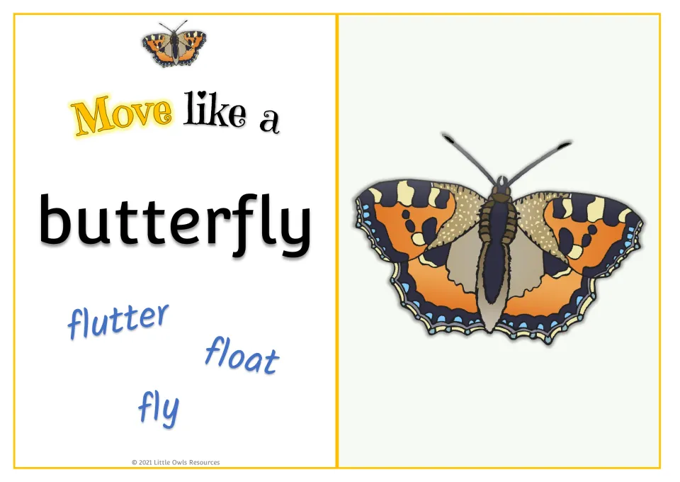 Butterfly movement card: 'Move like a butterfly' with flutter, float, and fly prompts and a butterfly picture.