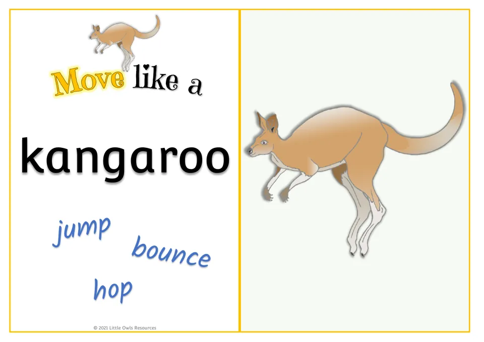 Kangaroo movement card: 'Move like a kangaroo' with jump, bounce, and hop prompts and a kangaroo picture.