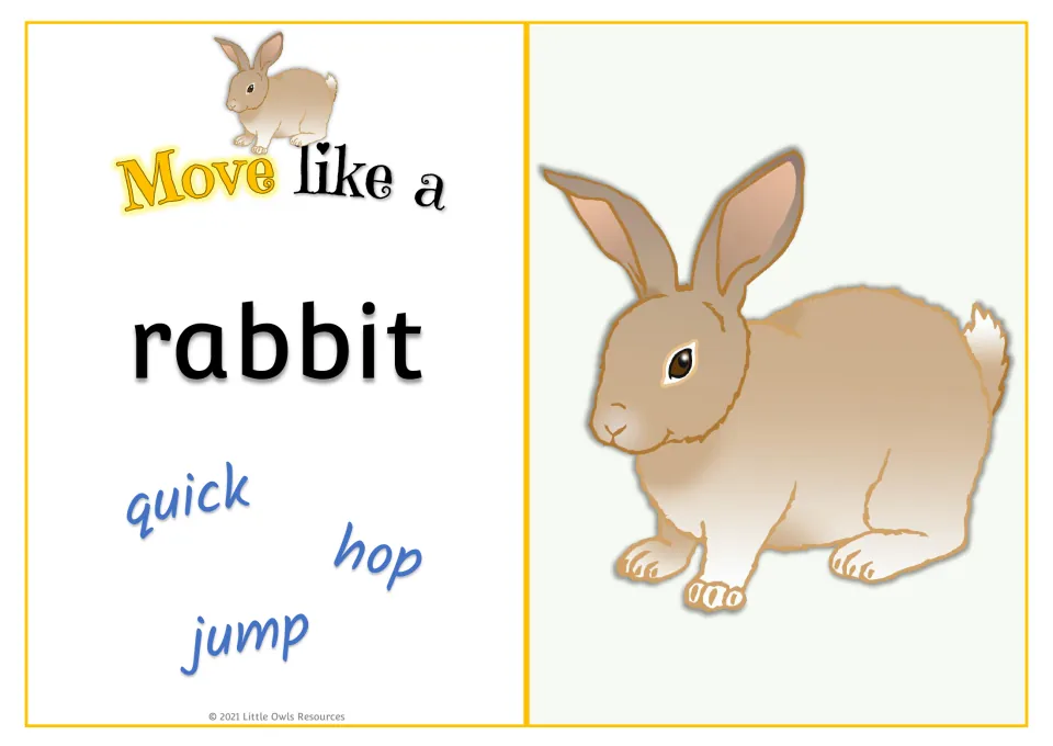 Rabbit movement card: 'Move like a rabbit' with quick, hop, and jump prompts and a rabbit picture.