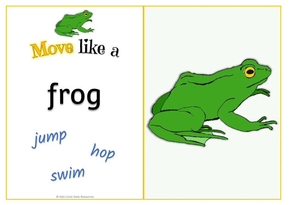 Frog movement card: 'Move like a frog' with jump, hop, and swim prompts and a frog picture.