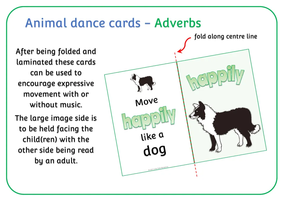 Animal dance cards - Adverbs: fold-and-laminate directions with a sample card reading "Move happily like a dog"