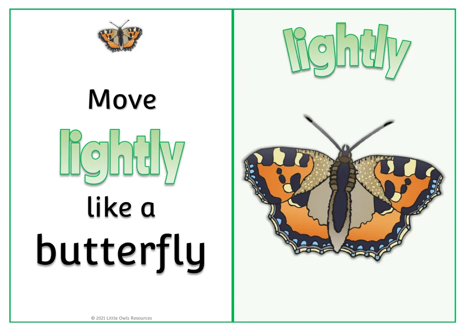Adverb card "Move lightly like a butterfly": children act out moving lightly while shown a large butterfly picture