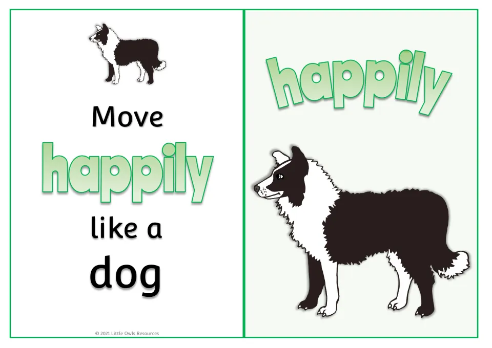 Adverb card "Move happily like a dog": children show happy movement, with the word happily above a black and white dog