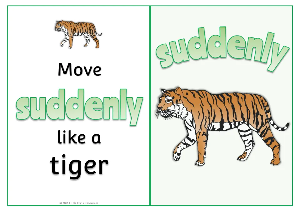 Adverb card "Move suddenly like a tiger": children act out sudden movements prompted by a large walking tiger image