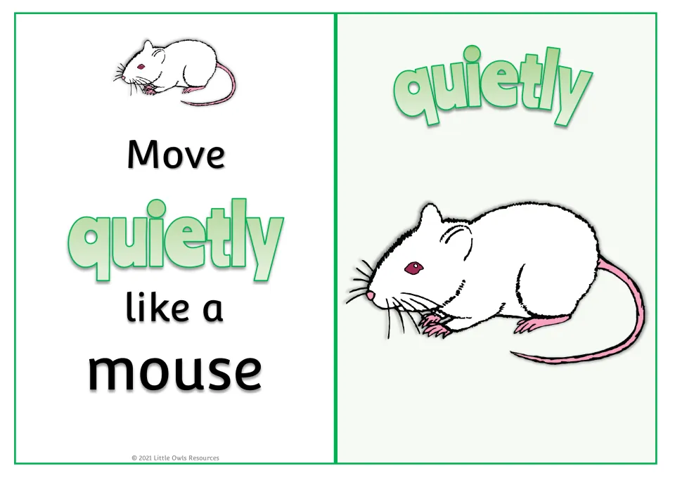 Adverb card "Move quietly like a mouse": children creep without a sound, cued by a large picture of a white mouse