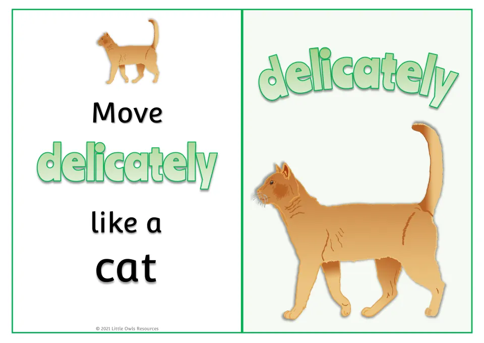 Adverb card "Move delicately like a cat": children step with care, cued by the adverb printed above an orange cat