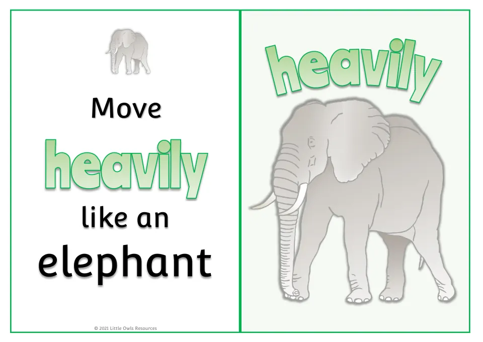 Adverb card "Move heavily like an elephant": children stomp heavily, cued by the word heavily and a grey elephant