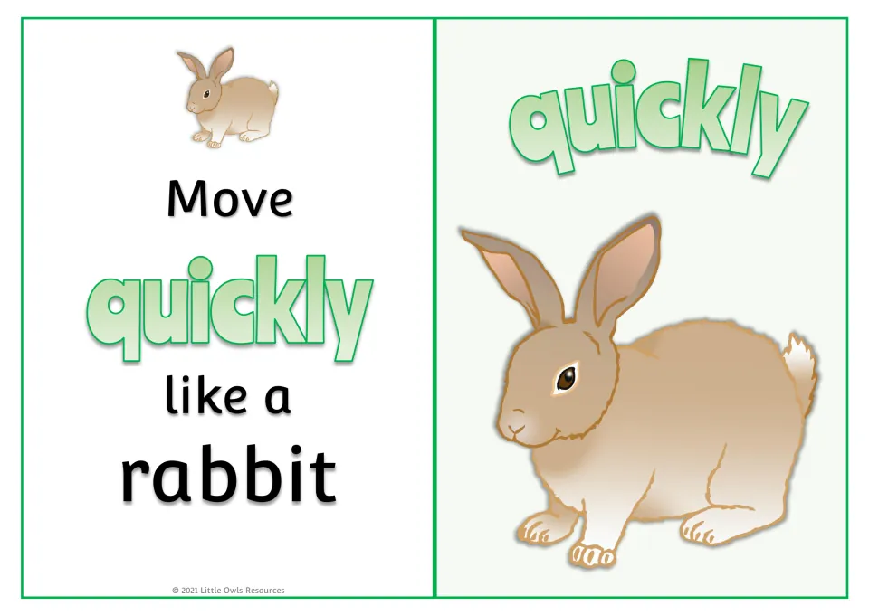 Adverb card "Move quickly like a rabbit": children dash quickly, with the adverb quickly shown above a brown rabbit