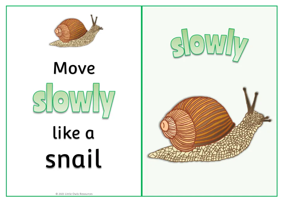 Adverb card "Move slowly like a snail": children act out slow movement, with the word slowly above a striped snail