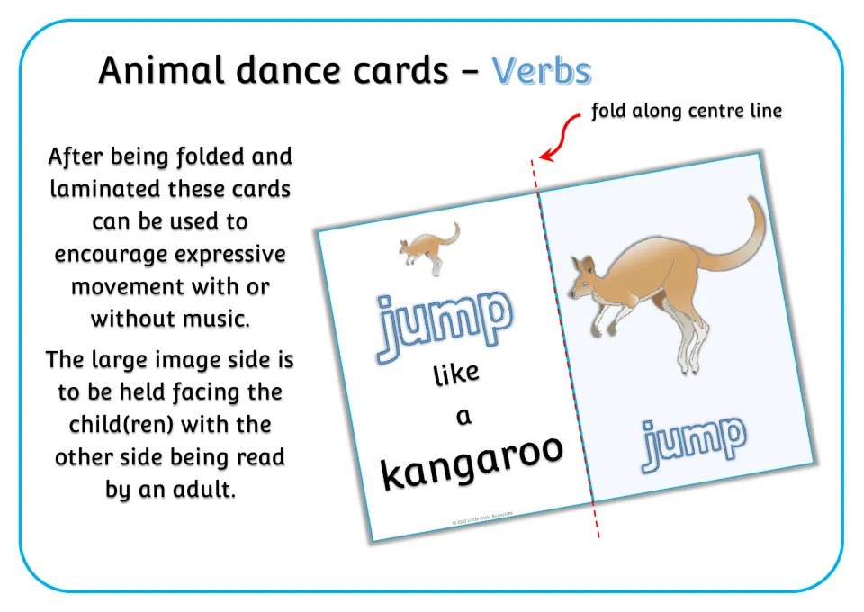 Animal movement card instructions: fold and laminate, then show children the animal side and read the prompt.