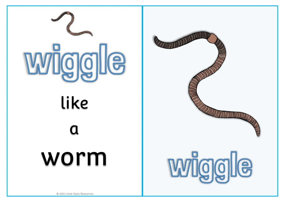 Animal movement card 2: 'wiggle like a worm,' with a large worm picture and 'wiggle' on the reverse side.