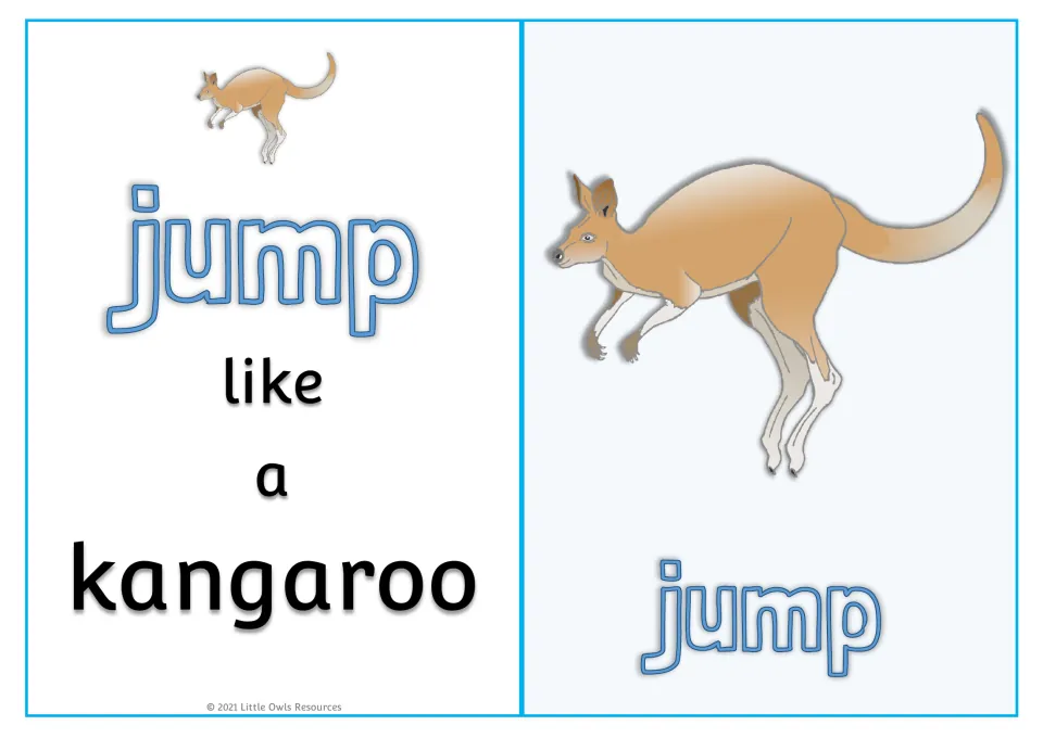 Animal movement card 4: 'jump like a kangaroo,' with a large kangaroo picture and 'jump' on the reverse side.