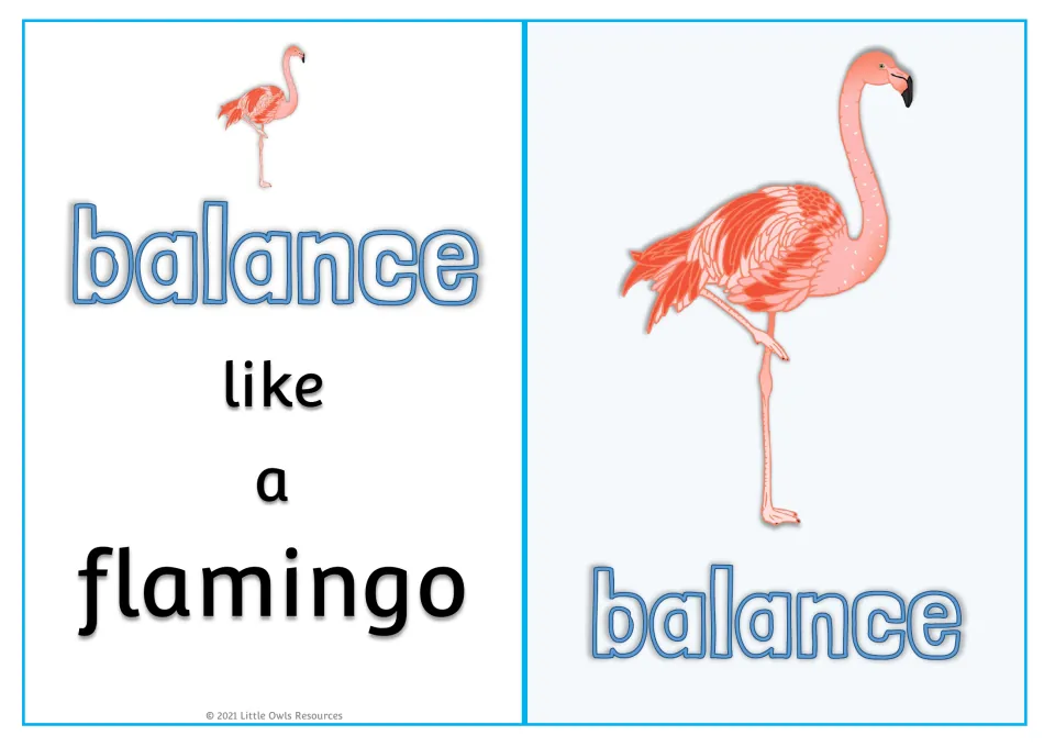 Animal movement card 5: 'balance like a flamingo,' with a flamingo picture and 'balance' on the reverse side.