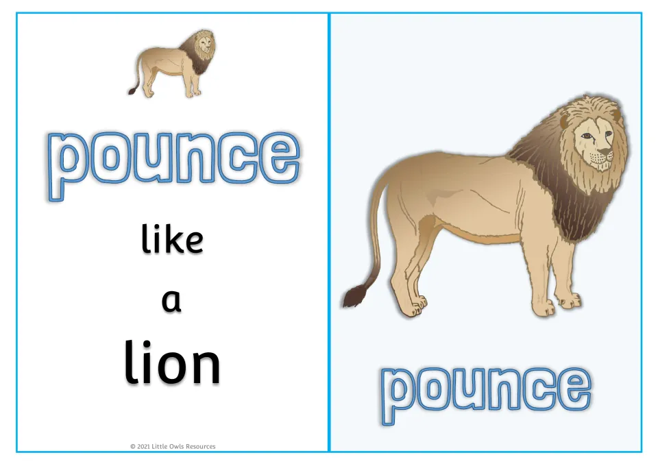 Animal movement card 6: 'pounce like a lion,' with a large lion picture and 'pounce' on the reverse side.