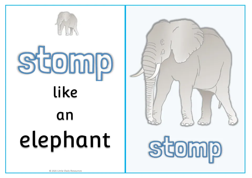 Animal movement card 7: 'stomp like an elephant,' with an elephant picture and 'stomp' on the reverse side.