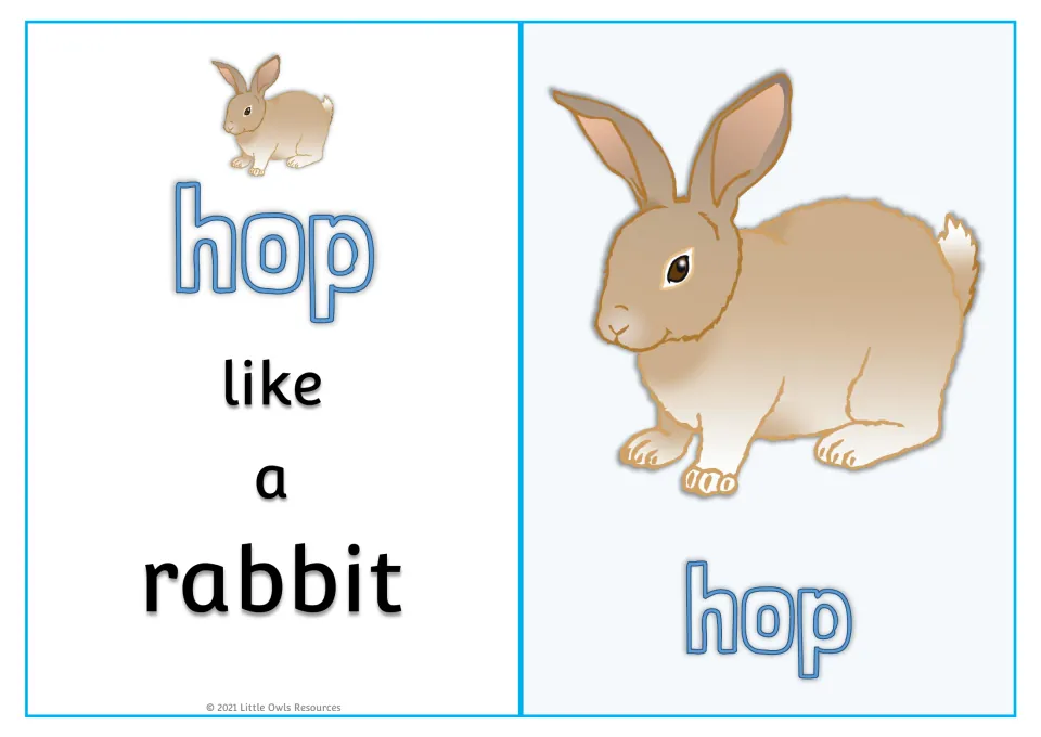 Animal movement card 8: 'hop like a rabbit,' with a large rabbit picture and 'hop' on the reverse side.