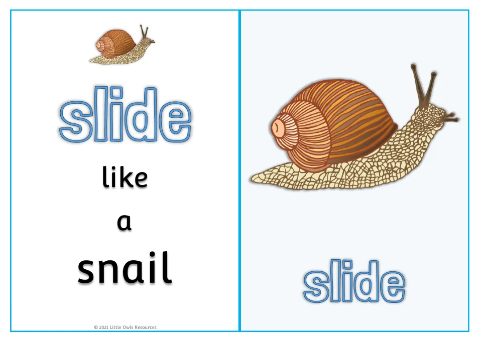 Animal movement card 9: 'slide like a snail,' with a large snail picture and 'slide' on the reverse side.