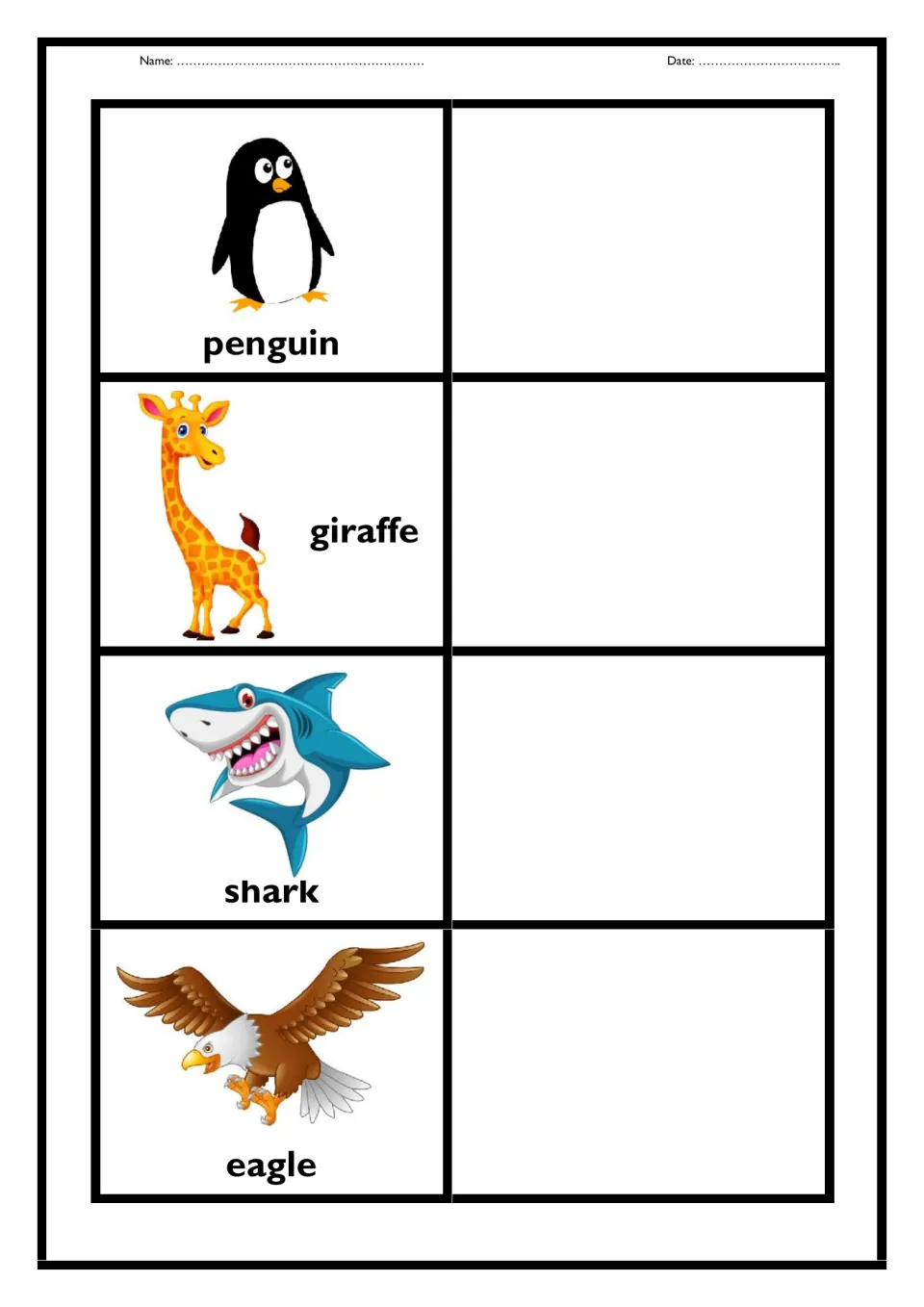 Animal diets continued: students write the diet of a pictured penguin, giraffe, shark and eagle beside each animal