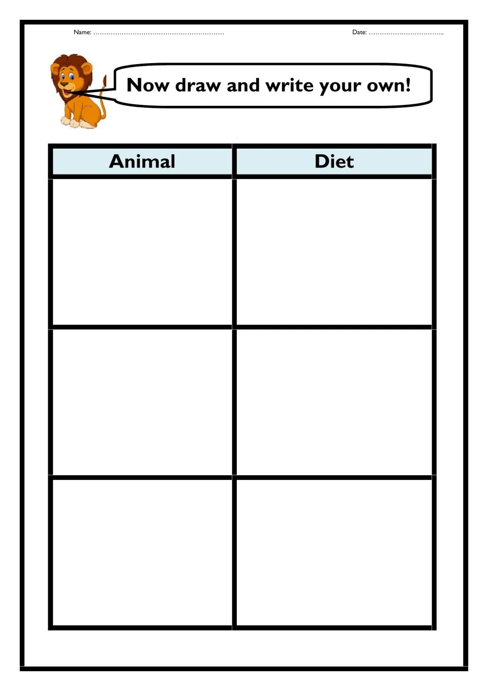 Now draw and write your own: students draw three animals of their choice and record what each one eats to compare diets
