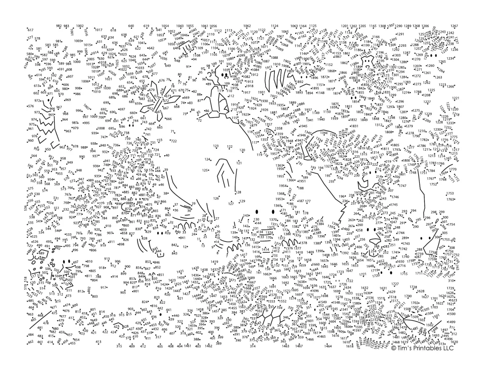 Jungle animal connect-the-dots puzzle with 1,959 numbered dots forming animals around a watering hole.