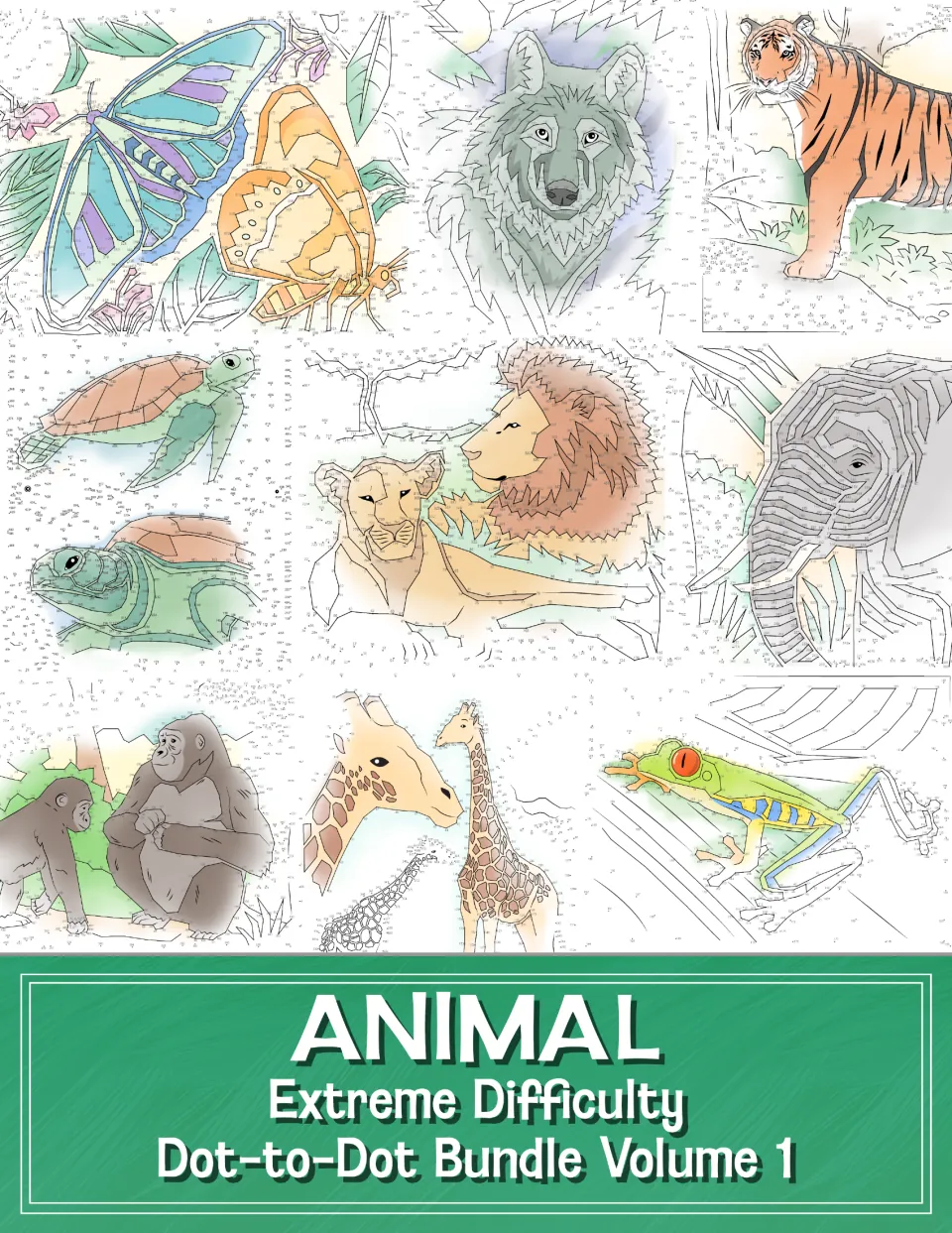 Animal Extreme Difficulty Dot-to-Dot Bundle Volume 1 cover showing colored tiger, wolf, lions, elephant, giraffes and frog