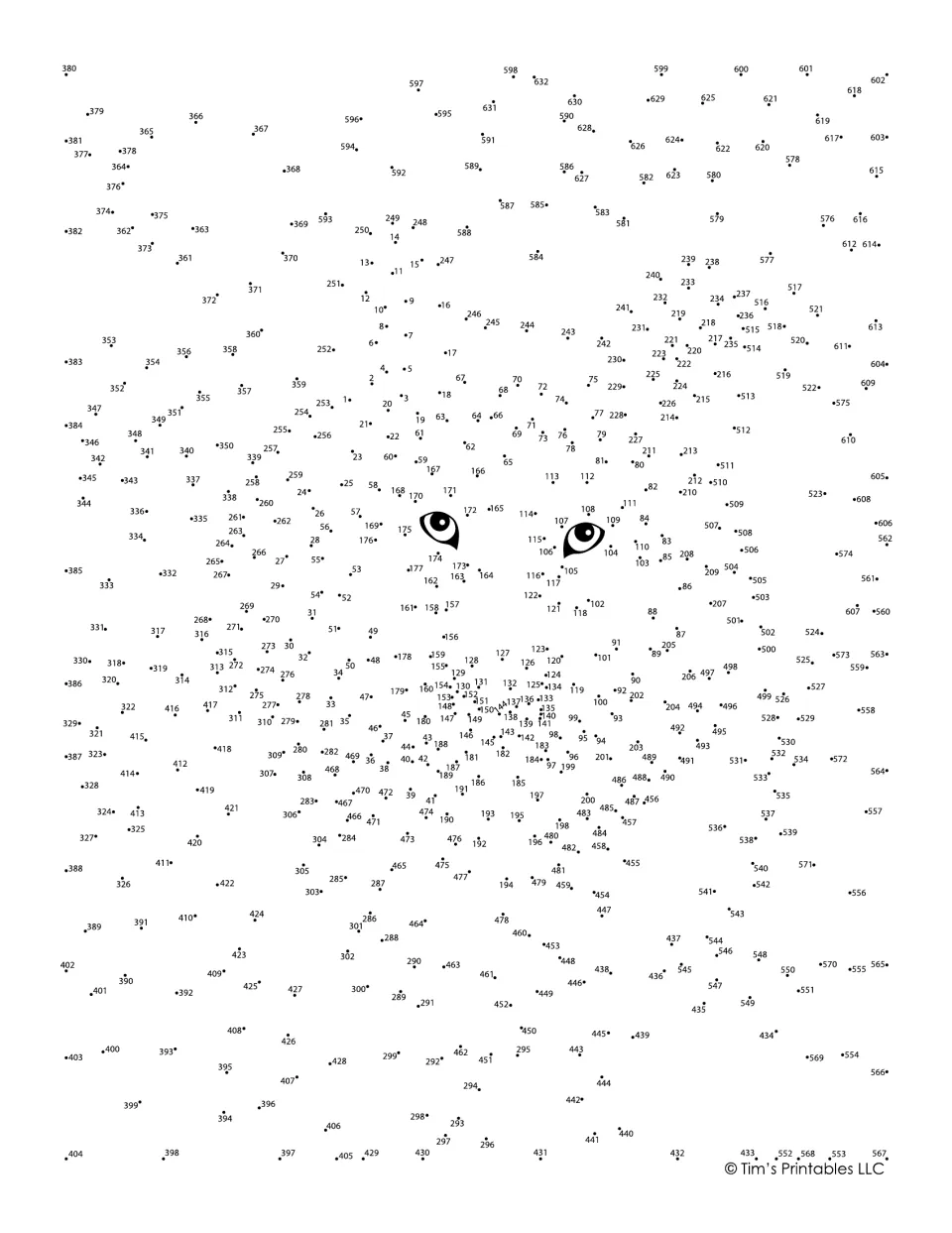 Front-facing animal face dot-to-dot: students join about 630 numbered dots in order; only the two eyes are pre-drawn