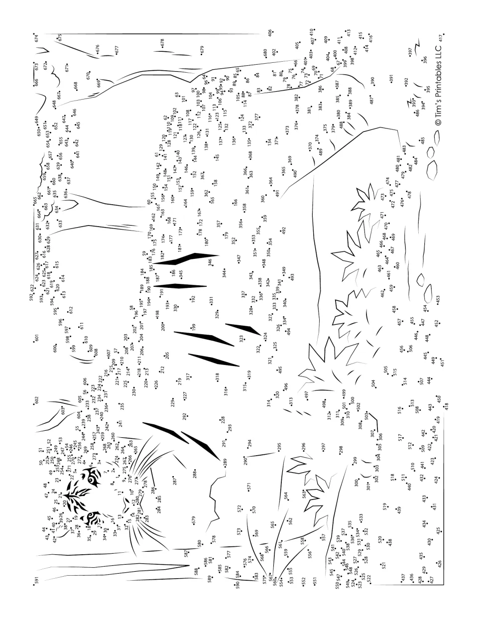 Tiger in tall grass dot-to-dot, printed sideways: students connect about 680 numbered dots around drawn stripes and leaves