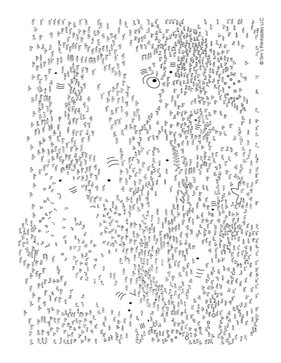 Sideways animal dot-to-dot with over 1,500 numbered dots; students count on in order to reveal a large head with one eye