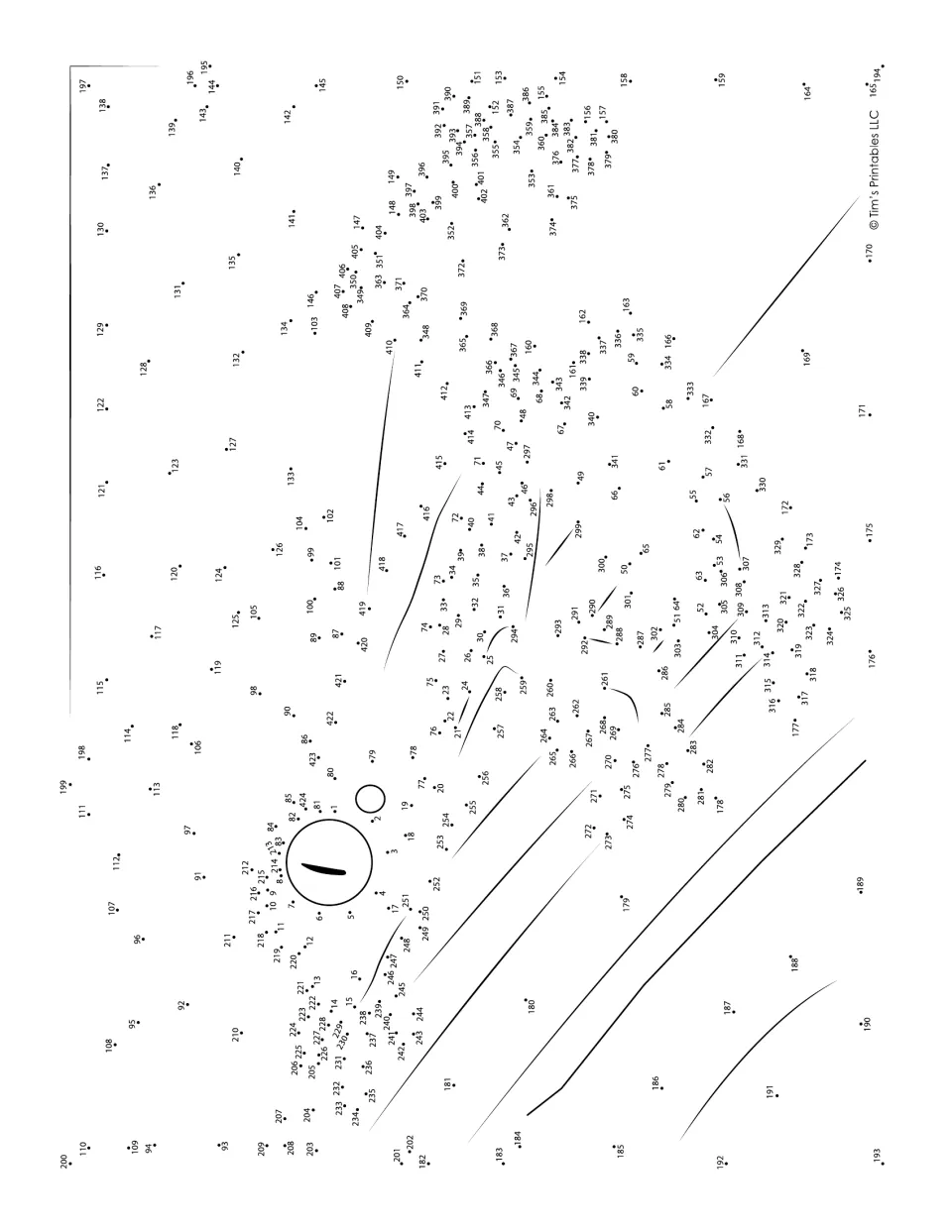 Frog on a leaf dot-to-dot, printed sideways: students connect about 420 numbered dots around the frog's large round eye
