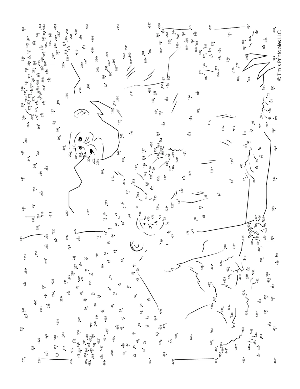 Two gorillas dot-to-dot, printed sideways: students join about 525 numbered dots around the drawn faces and grassy ground