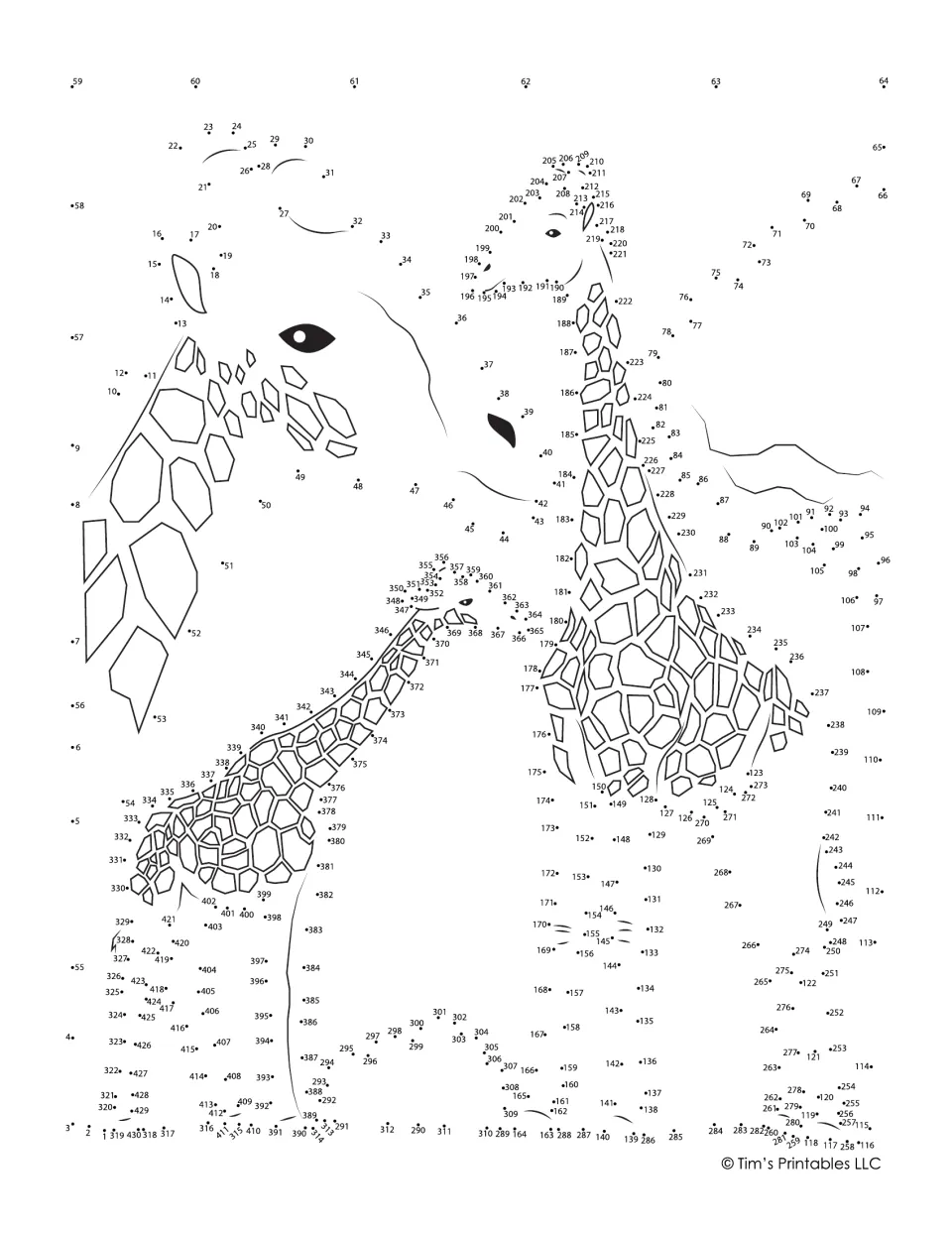 Giraffe family dot-to-dot: students connect about 430 numbered dots to finish two adults and a calf with spot patterns