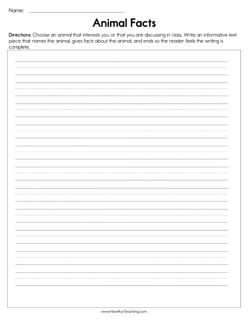 Animal Facts informative writing: students choose an animal, name it, give facts about it and write a closing