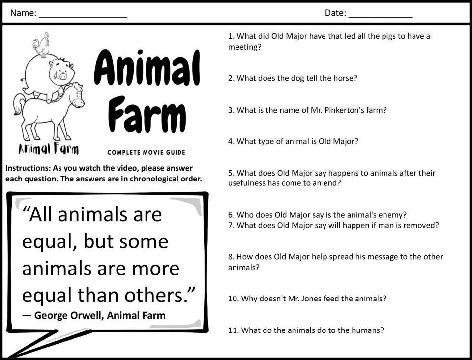 Opening movie questions on Old Major's dream, his message, and the animals' revolt; question 9 is omitted