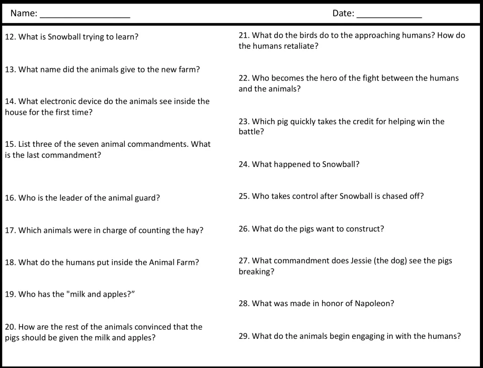 Movie questions 12–29 cover Snowball, the commandments, milk and apples, the battle, and Napoleon's rise