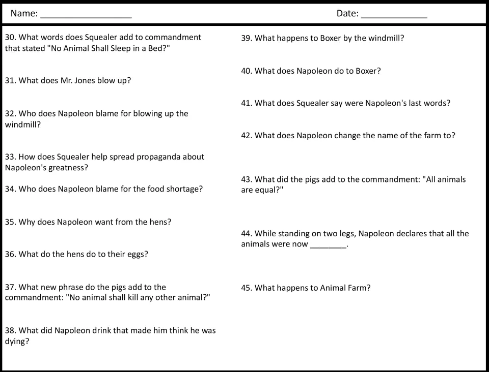 Movie questions 30–45 cover altered commandments, the windmill, propaganda, the hens, and Boxer's fate