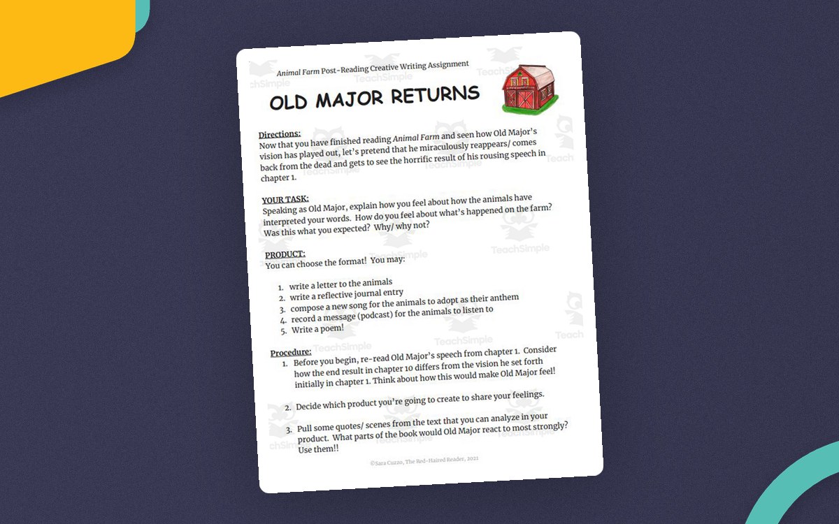 Animal Farm Post-Reading Creative Writing Assignment: What Would Old Major say? cover.