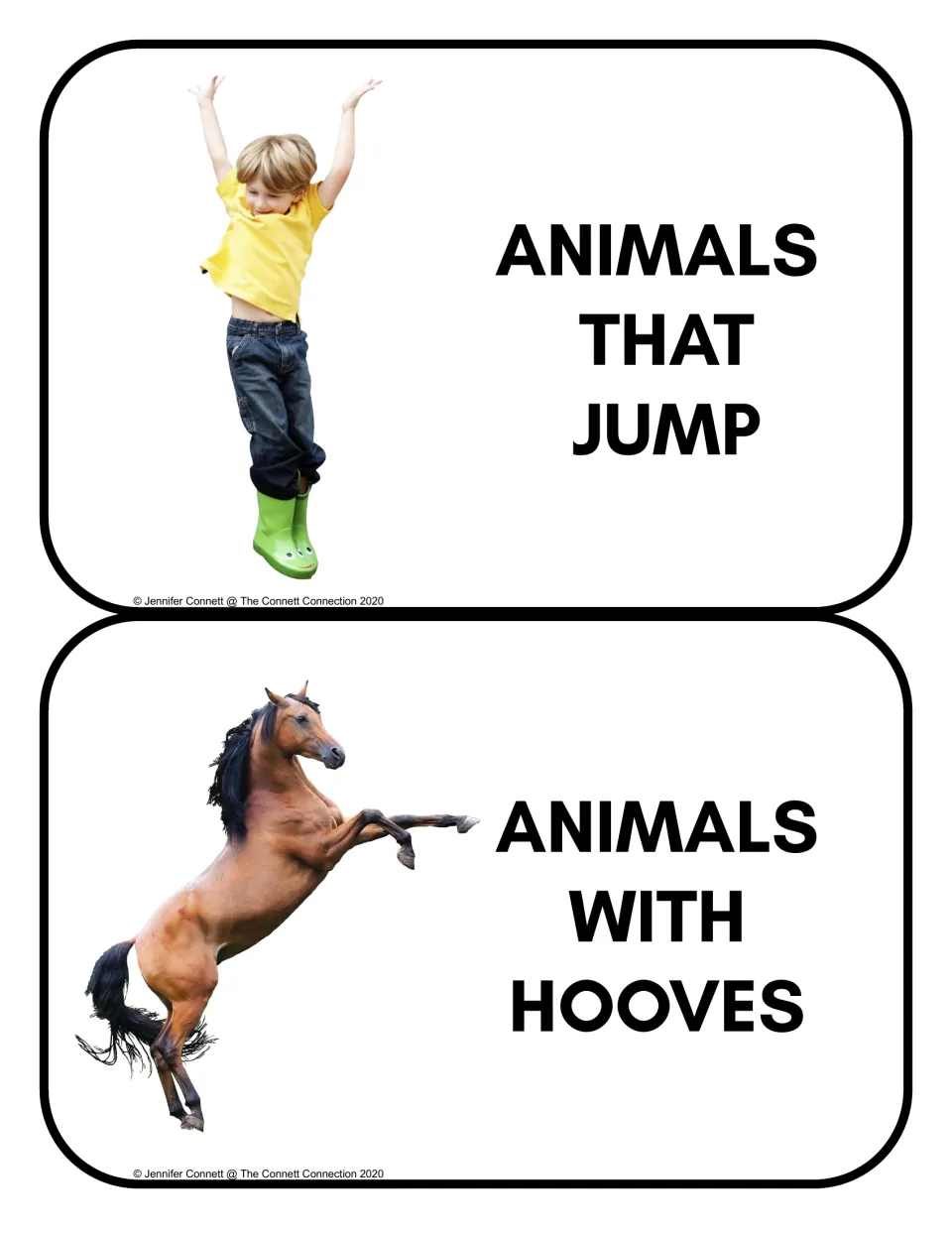 Animal sorting headers: Animals That Jump and Animals With Hooves, with a jumping child and a horse