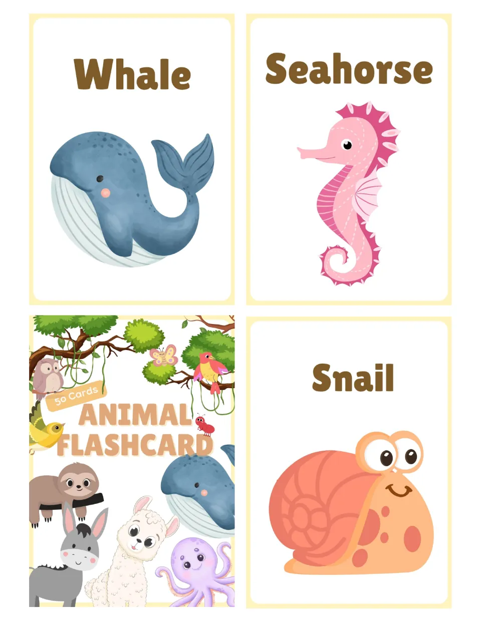 Ocean and garden animal flashcards: whale, seahorse and snail picture cards plus an Animal Flashcard 50 Cards cover card