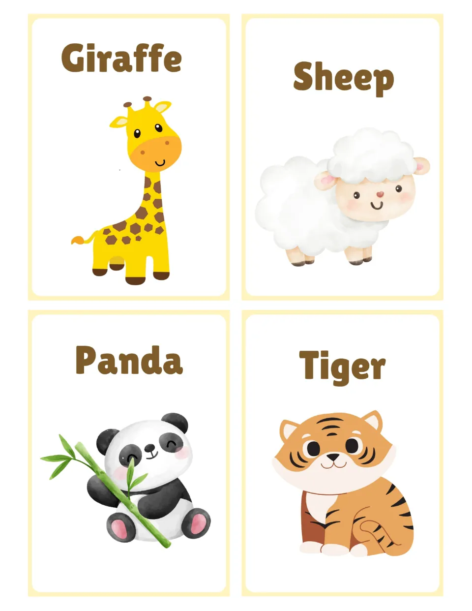 Animal naming cards: giraffe, sheep, panda and tiger, each word printed above a cartoon picture for matching name to animal