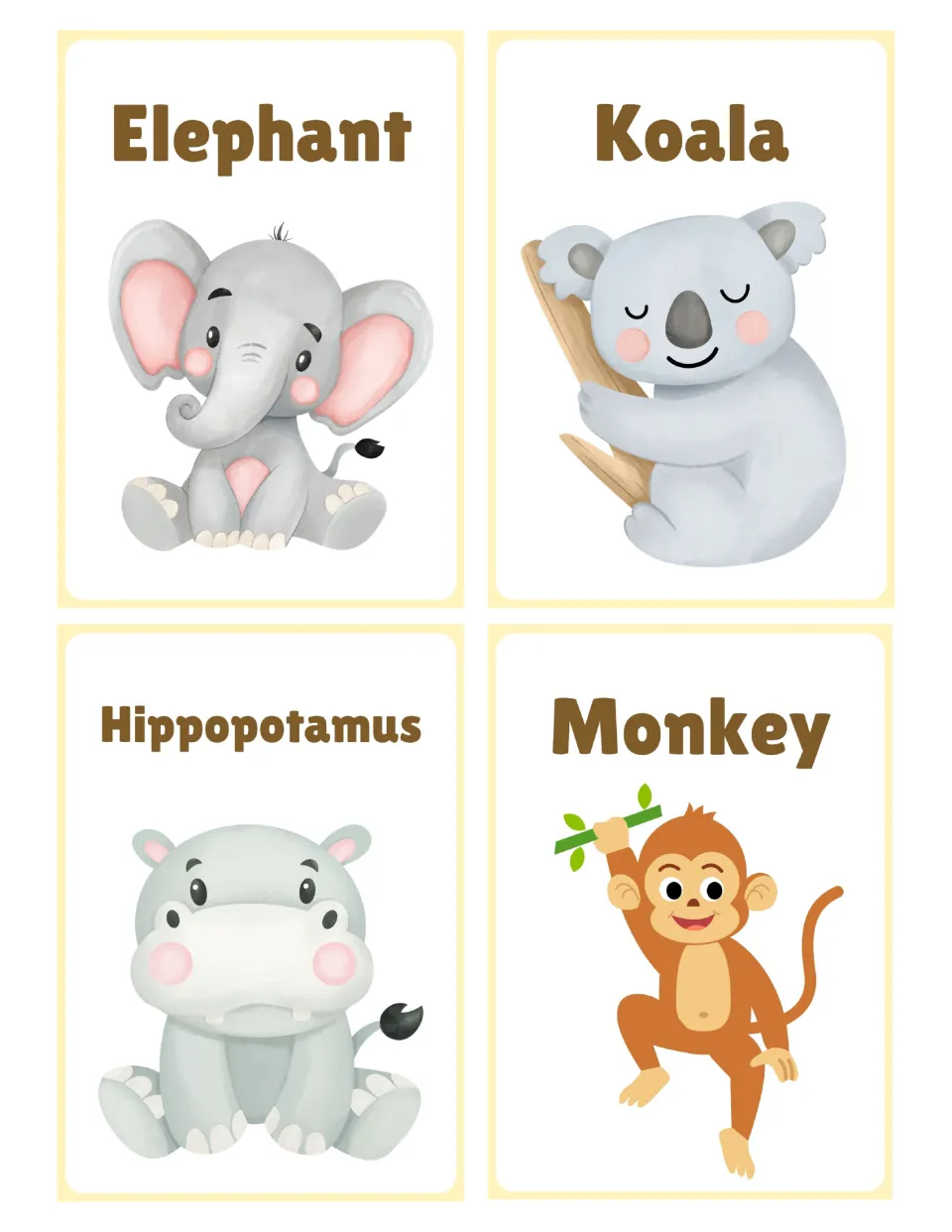 Wild animal picture cards for elephant, koala, hippopotamus and monkey, each labeled with its name for word recognition