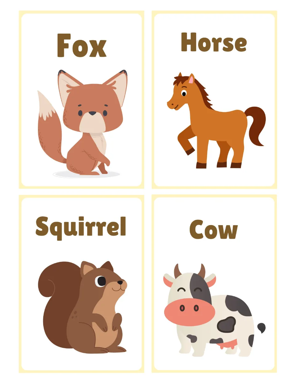 Woodland and farm animal cards: fox, horse, squirrel and cow, each with its printed name over a drawing to identify