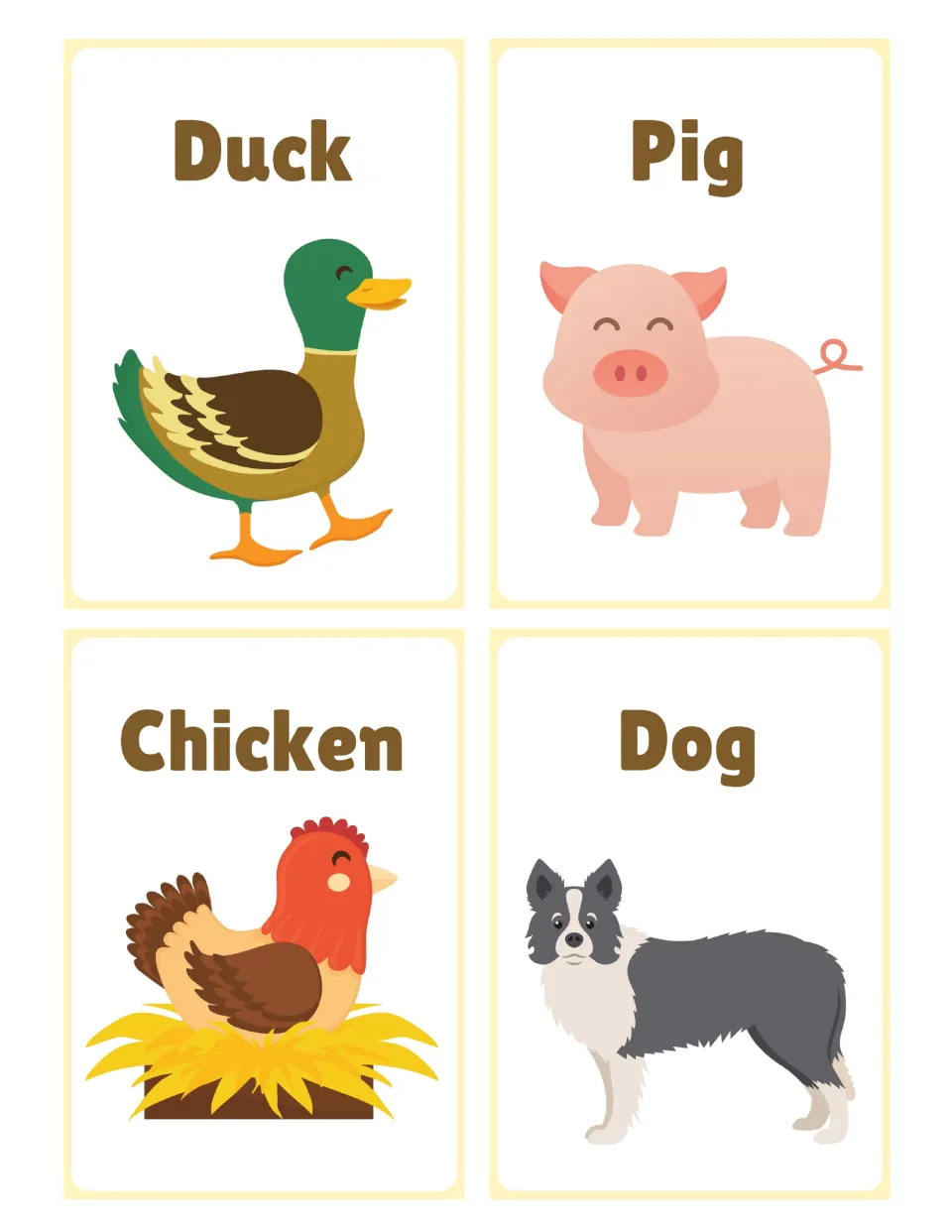 Farm animal vocabulary cards for duck, pig, chicken and dog, each name shown above a picture so children name the animal