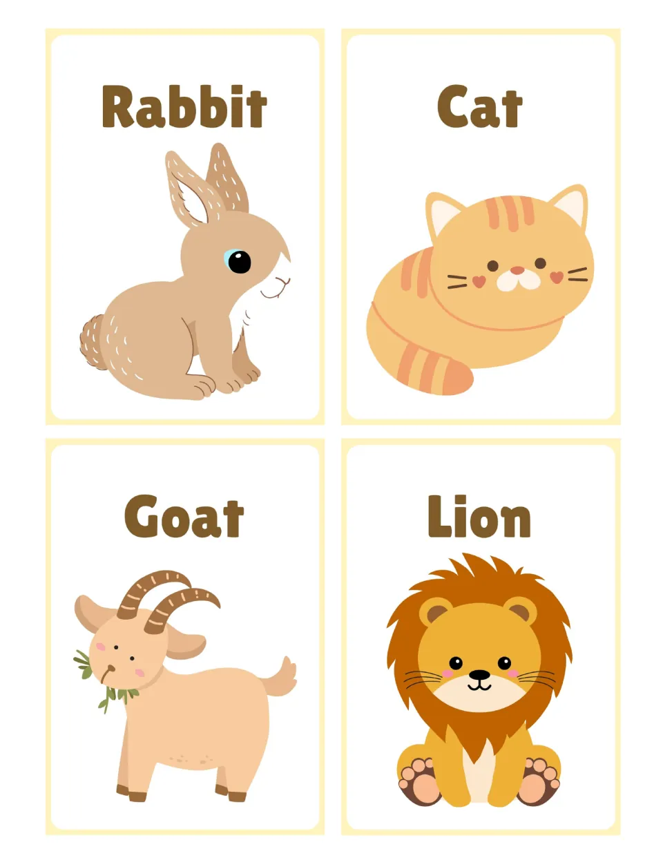 Pet and wild animal cards: rabbit, cat, goat and lion, each with the animal's name and a cartoon for naming practice