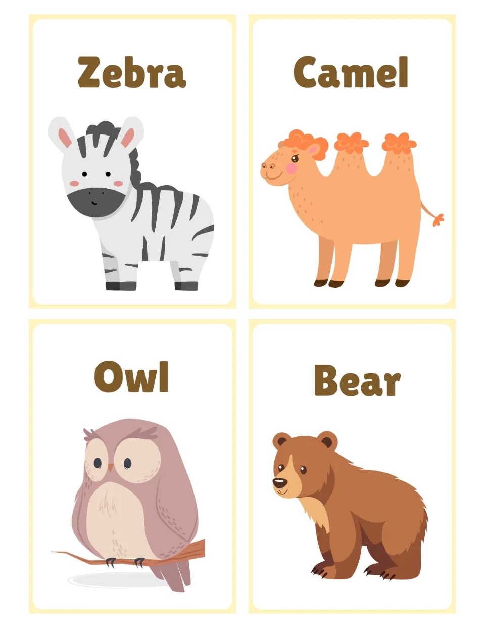 Animal word cards for zebra, camel, owl and bear, each printed name paired with a picture for vocabulary recognition