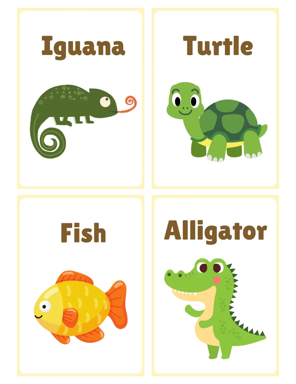 Reptile and water animal cards: iguana, turtle, fish and alligator, each labeled by name above a drawing to identify