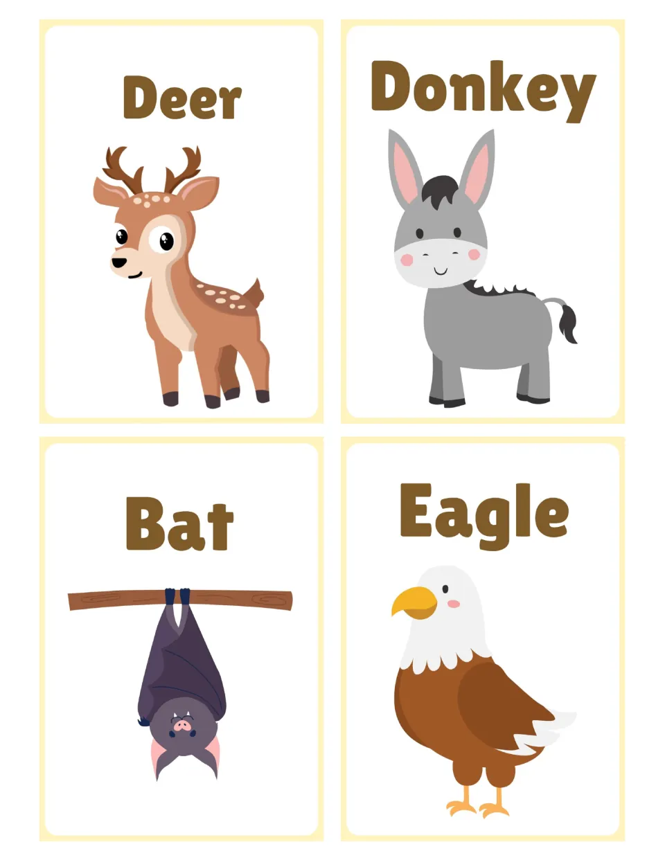 Animal name cards for deer, donkey, bat and eagle, each with a printed label and cartoon image for naming games