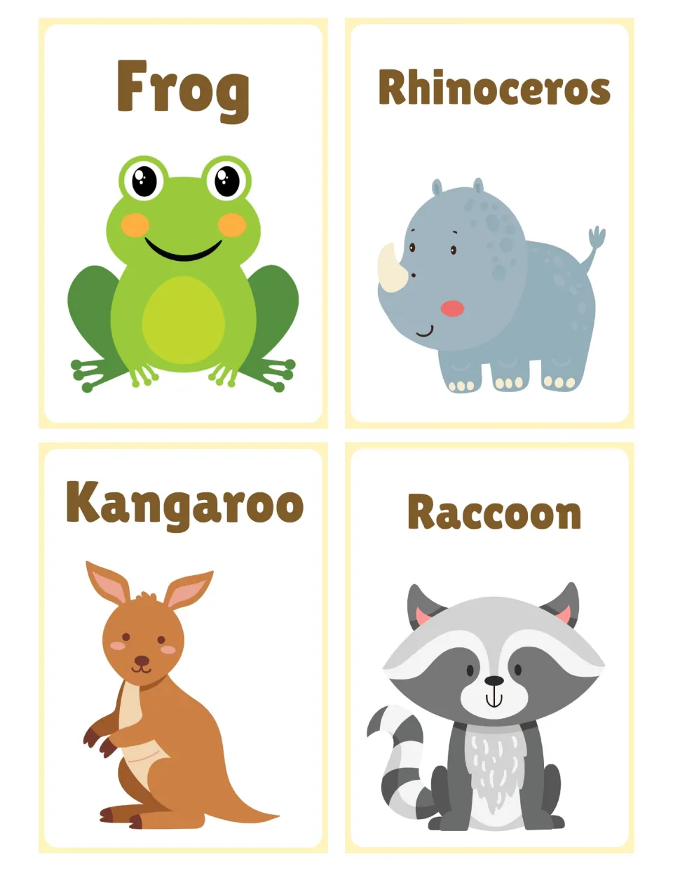 Picture cards naming frog, rhinoceros, kangaroo and raccoon, each word set above an illustration for animal vocabulary