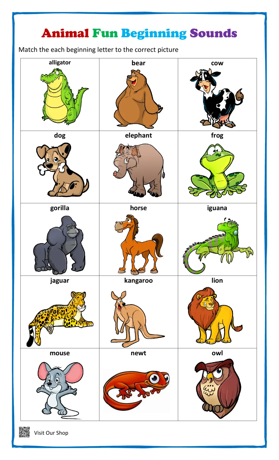 Beginning-letter matching sheet 1: 15 labeled animal pictures from alligator to owl, covering letters a–o.